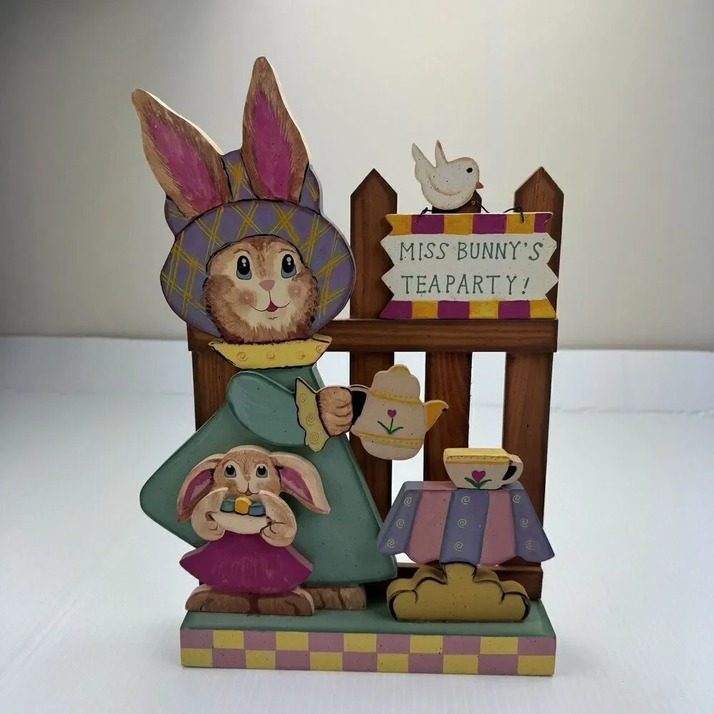Vintage Easter Bunny Tea Party Wooden Standing Sign 3D Spring Decor
